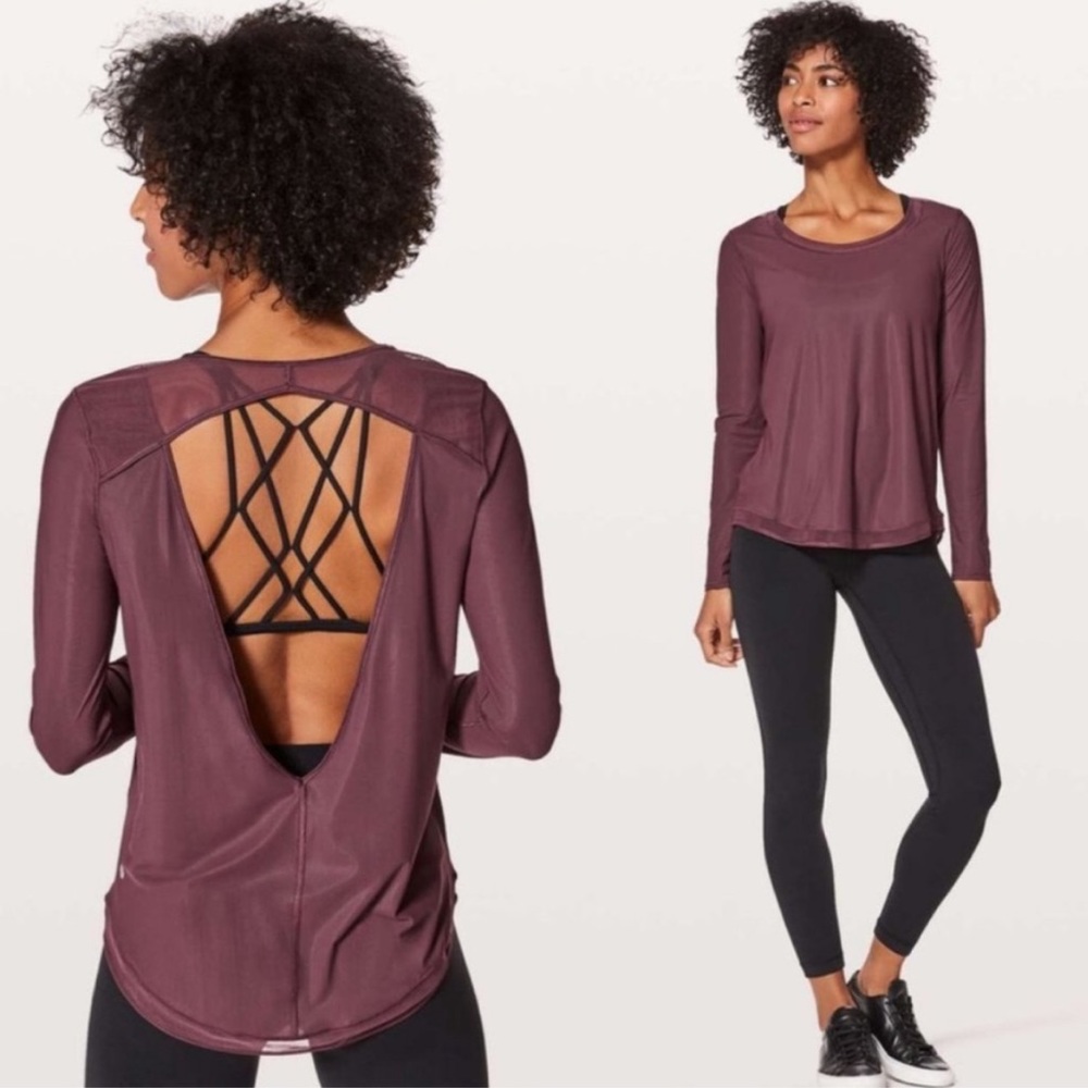 Lululemon Mix and Mesh Long‎ Sleeve Activewear Open Back Top Redwood